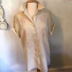 Vintage Cream bowling style short sleeve shirt by Cornet 100%linen Size Large